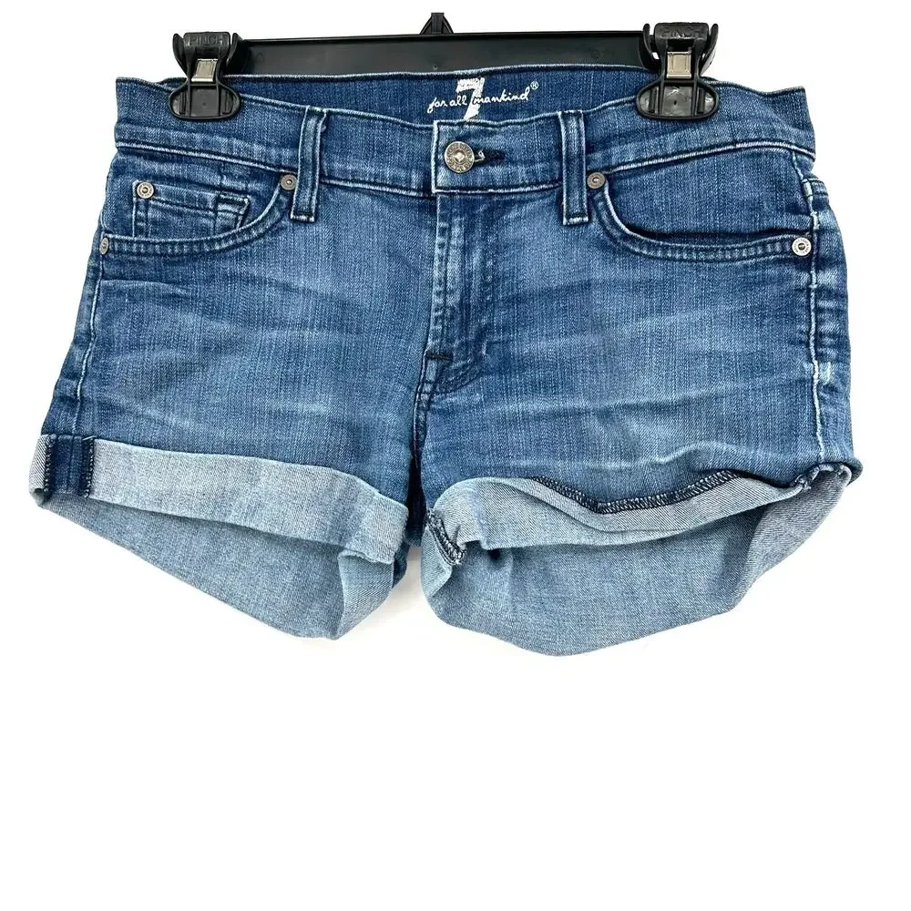 7 For All Mankind Size 28 Denim Blue Jean Shorts‎ Cutoff Rolled Hem Five Pocket